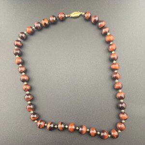 Vtg 9K Solid Gold Ball & 10mm Tigers Eye Beaded Necklace 18" - Lots of Gold